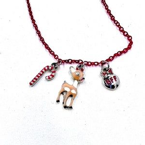 Rudolf, Candy Cane & BFF Enamel Charms 15” Pink Chain Necklace